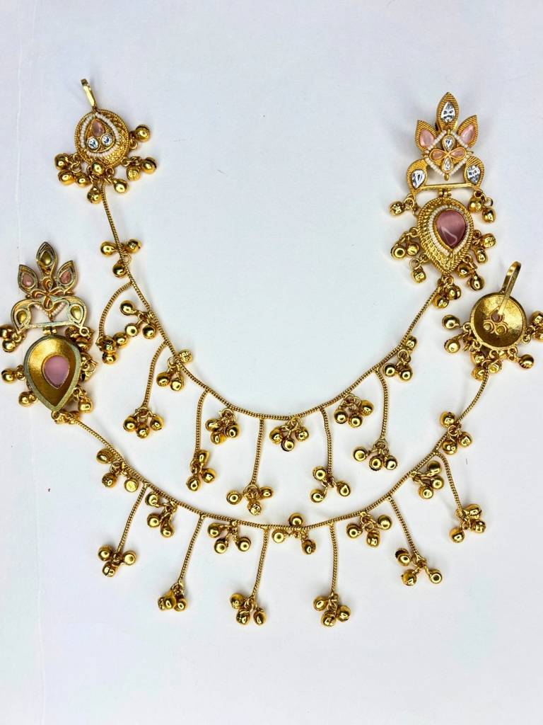 Gold-Plated Premium Kundan Red Stone-Studded Kan Chain Earrings : VI26EROX100370