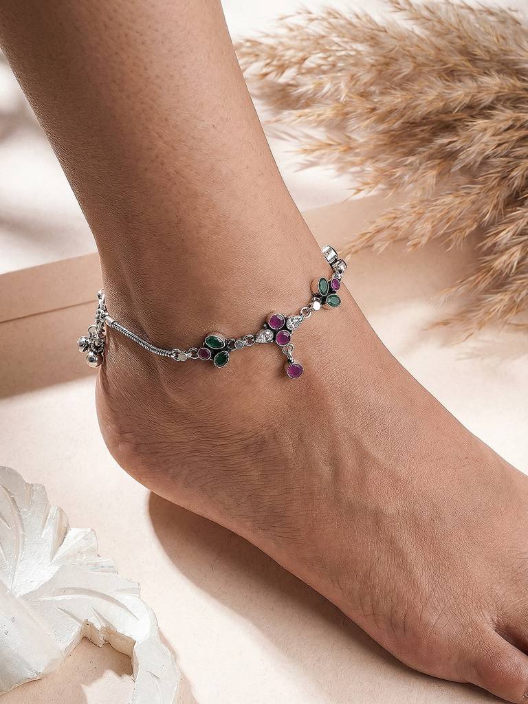 Silver Toned Green  & Pink Crystal Floral Charm Elegant Payal Anklet : SJPL2876