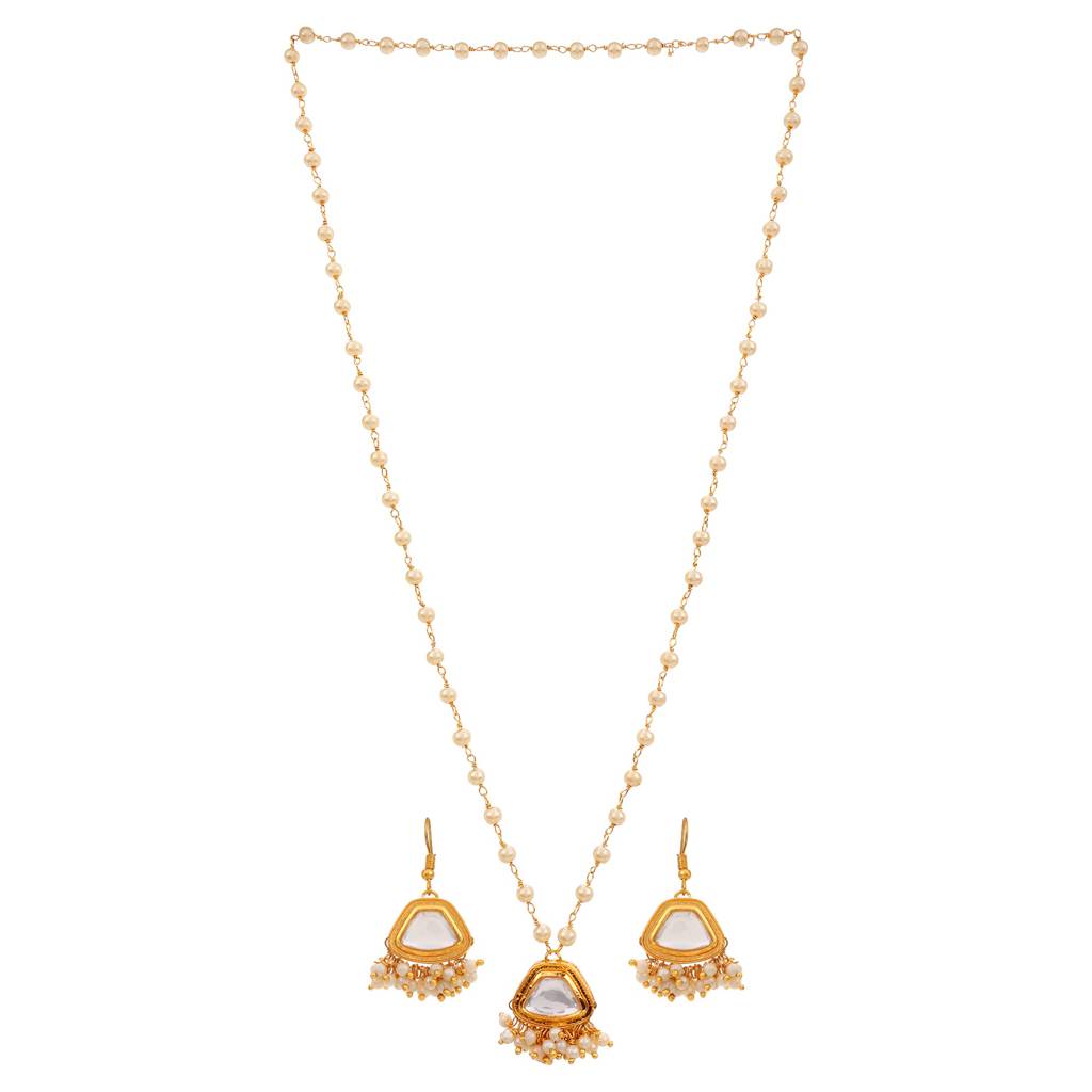 22Kt Gold-Plated Trapezoid Kundan Pearl Chain Set : PE12020