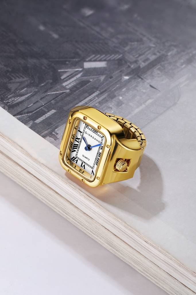Analog Ring Watch For Women With Rectangular Dial, Roman Numeral Markers, Blue Hands, Quartz Movement And Stainl : GZ-60186-11