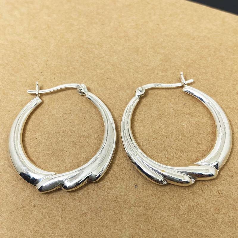 925 Sterling Silver Chunky Round Textured Hoops | Oval Puffy Hoop Earrings : TWP1161
