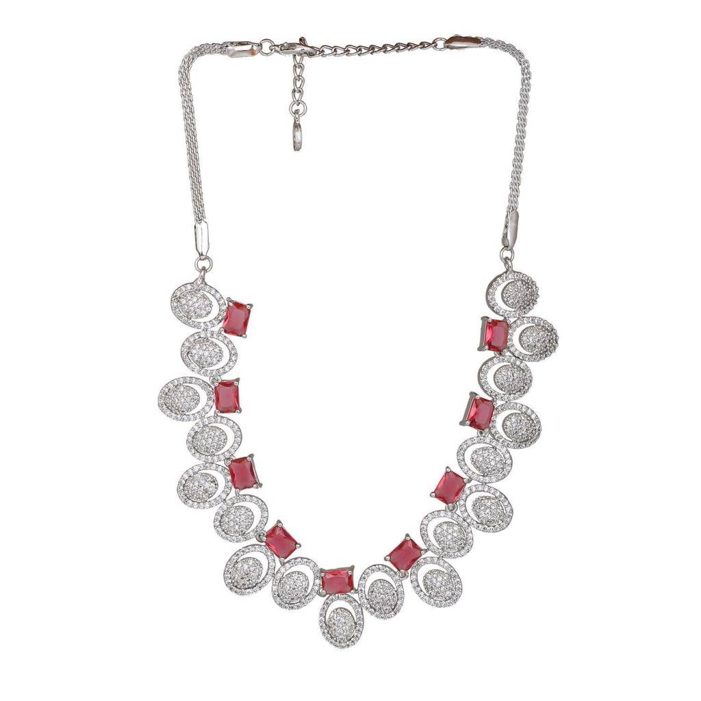 Estele Rhodium Plated Cz Circular Designer Necklace Set With Pink Crystals For Women