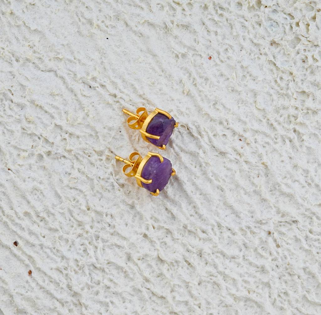 Natural Uncut Amethyst Gemstone Studs : NAGE23