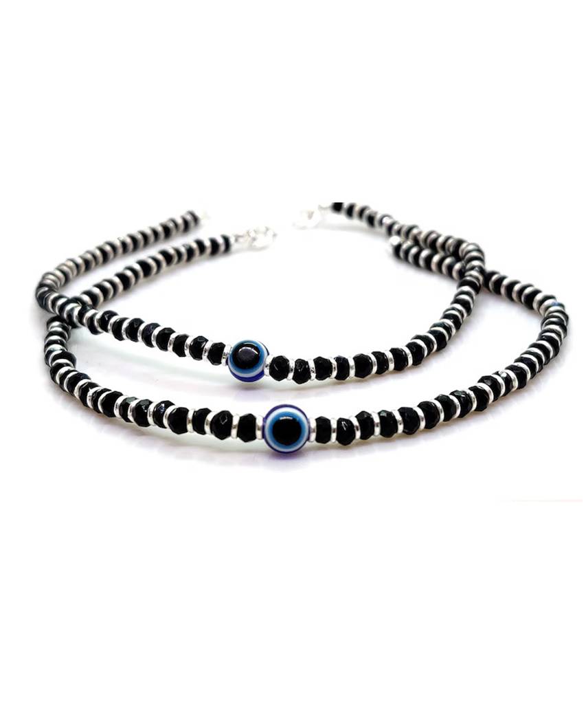 925 Pure Silver Nazariya Bracelets | Silver Evil Eye Beaded Bracelet (Pair Of 2) : BR1053