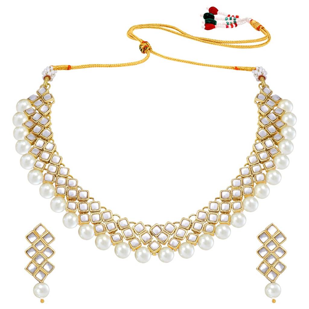 Peora Gold Plated Indian Ethnic Kundan Pearl Fancy Bridal Traditional Choker Necklace Jewellery Set With Earrings : PF25N1018W