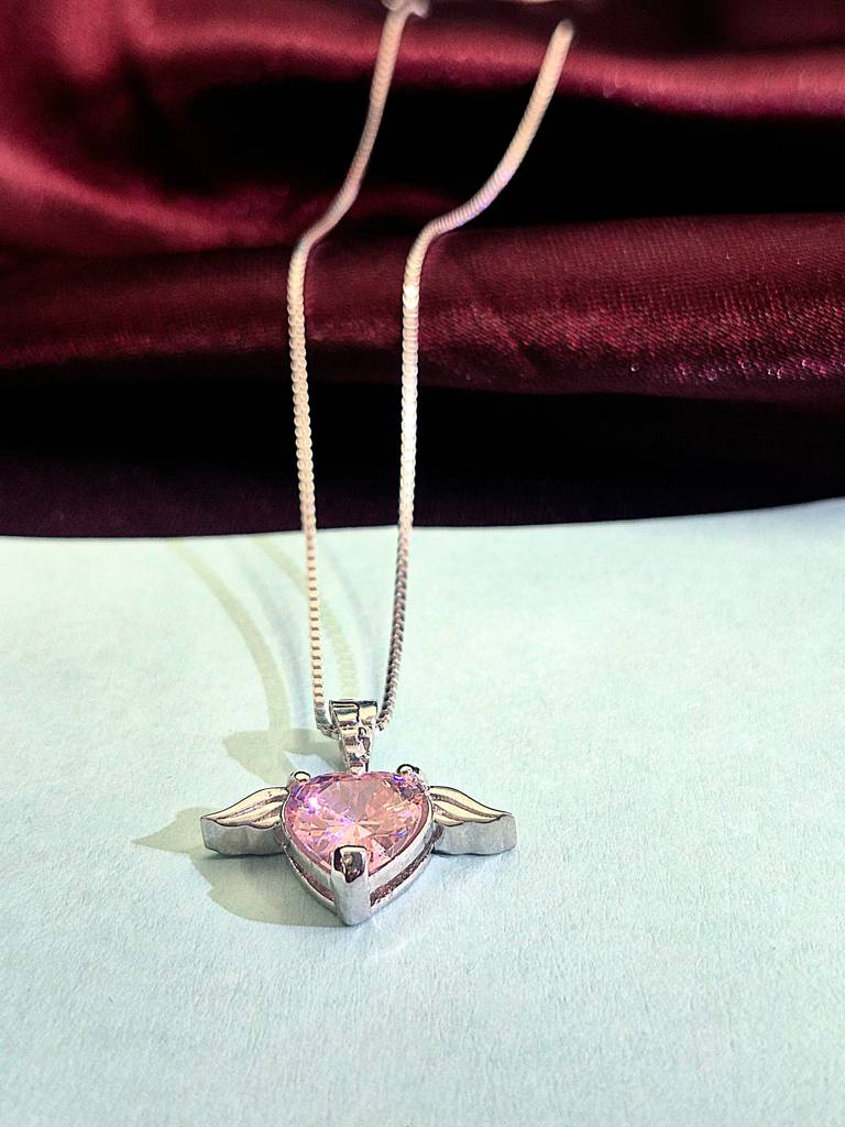 Angel Wings Heart Sterling Silverangel Wings Pendant Charm Lite Pink Cz Pendant Charm : PD-70025-R
