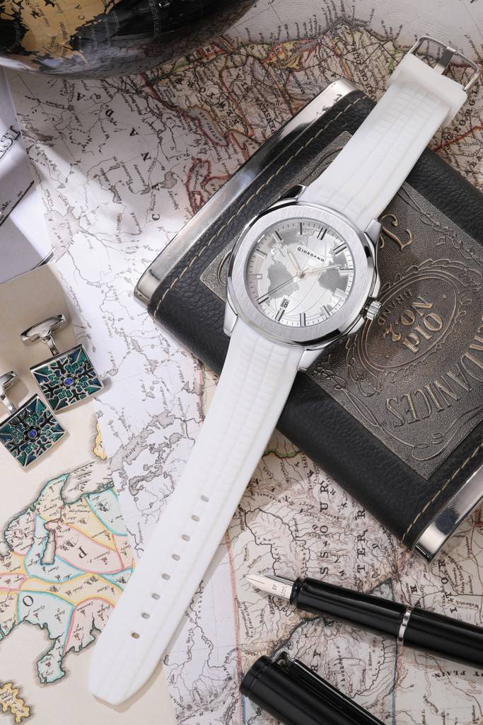 Stylish World Map Design Analog Watch For Men With Silver Case Round Dial, Textured Silicone Strap, Water Resist : GZ-50147-06