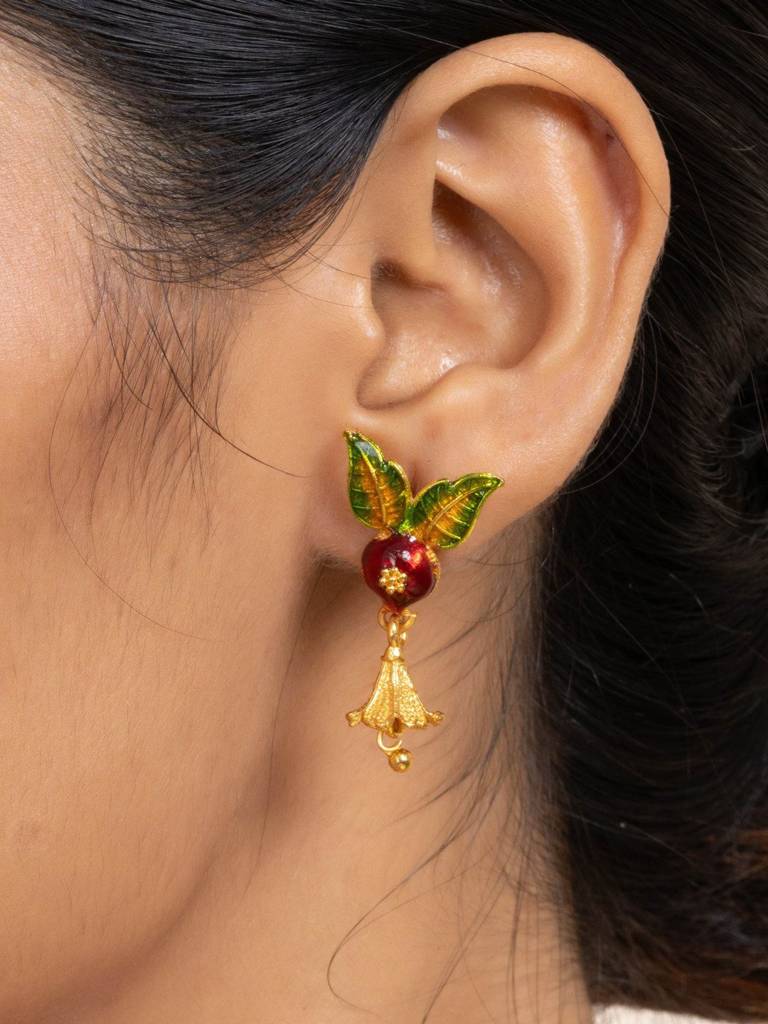 Gold Plated Meena Flute Pendant Necklace Set With Chain And Matching Earrings - Copper Jewelry Set : LAANP71