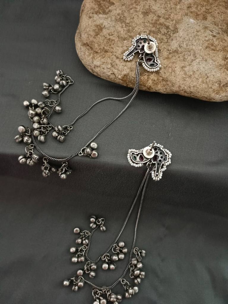 Kundan Studded & Ghungroo Beaded Tasselled Peacock Drop Meenakari Earrings : VS105315