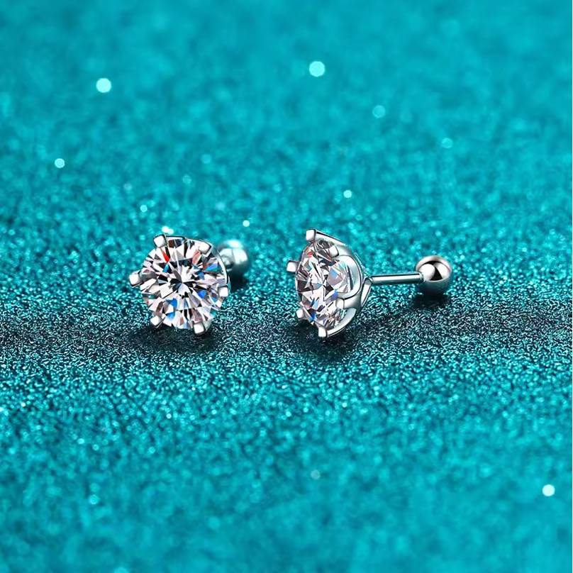 Single Piece Round Radiant Sterling Silver Moissanite Stud Earrings For Men : Round_ScrewBack_0.5ct_Men