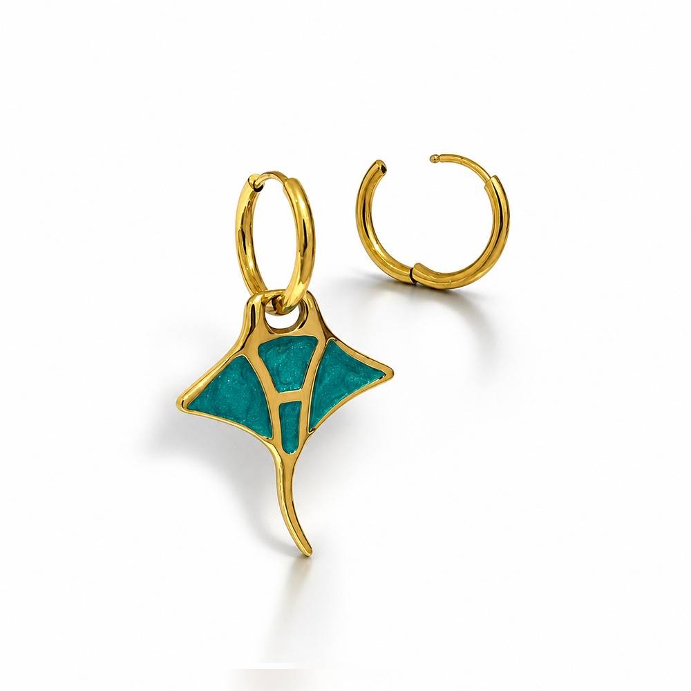 Women 18K Gold-Plated Turquoise Blue Manta Ray Hoop Drop Earrings : 101176