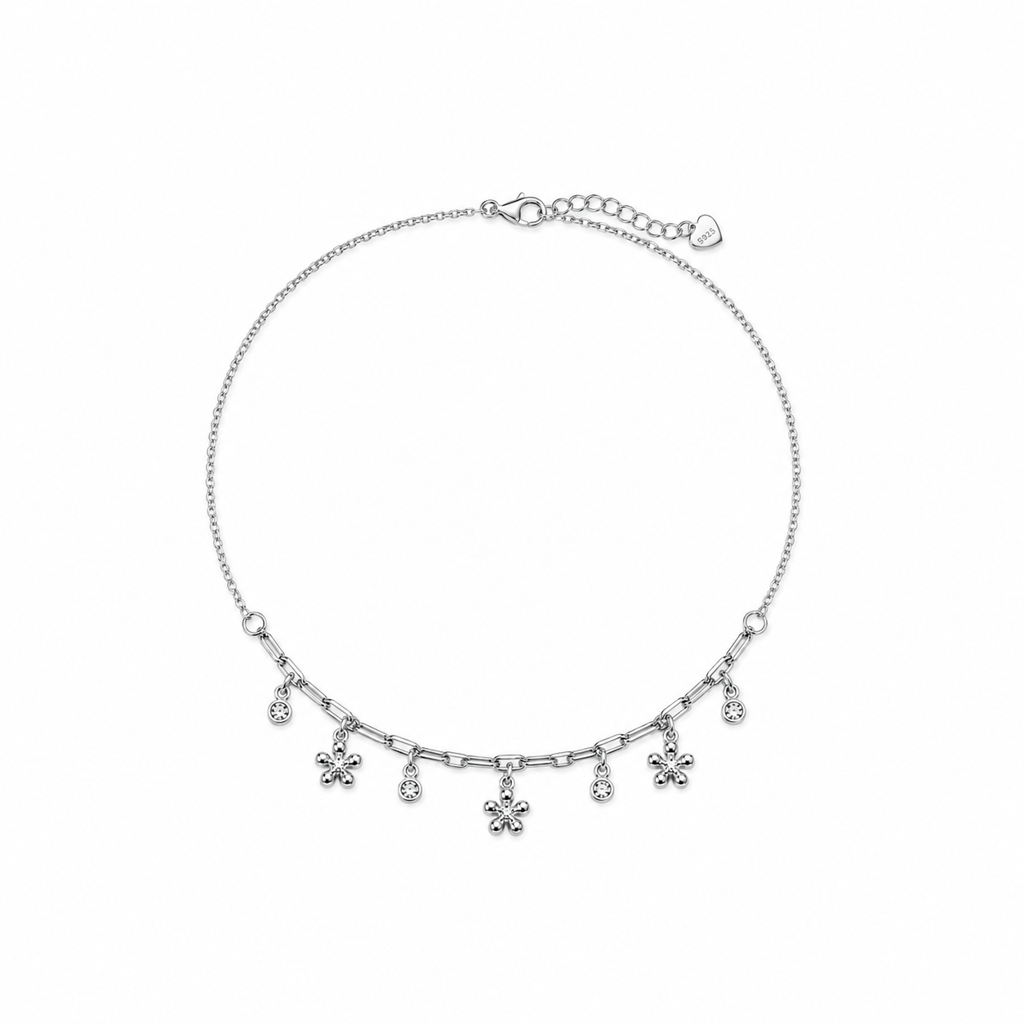 Silver Floral Charm Anklet : AN03541