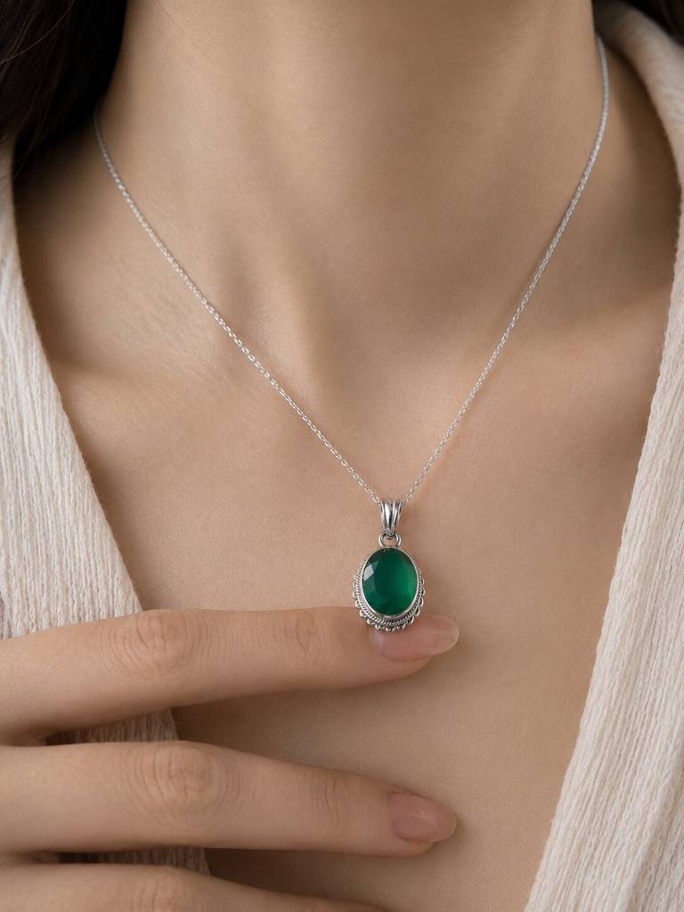 925 Sterling Silver Green Onyx Pendant With Chain For Women | Gemstone Pendant | Handmade Silver Jewelry | Elegant : FU-1115-C