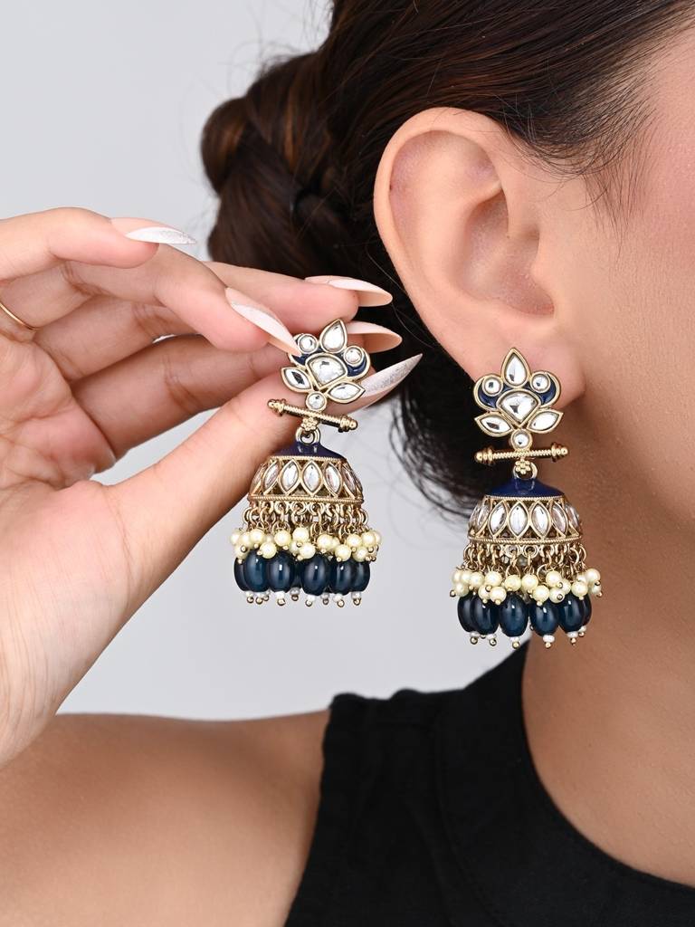 Gold Plated Kundan & Meenakari Jhumka Earrings : S24FAER411BLU
