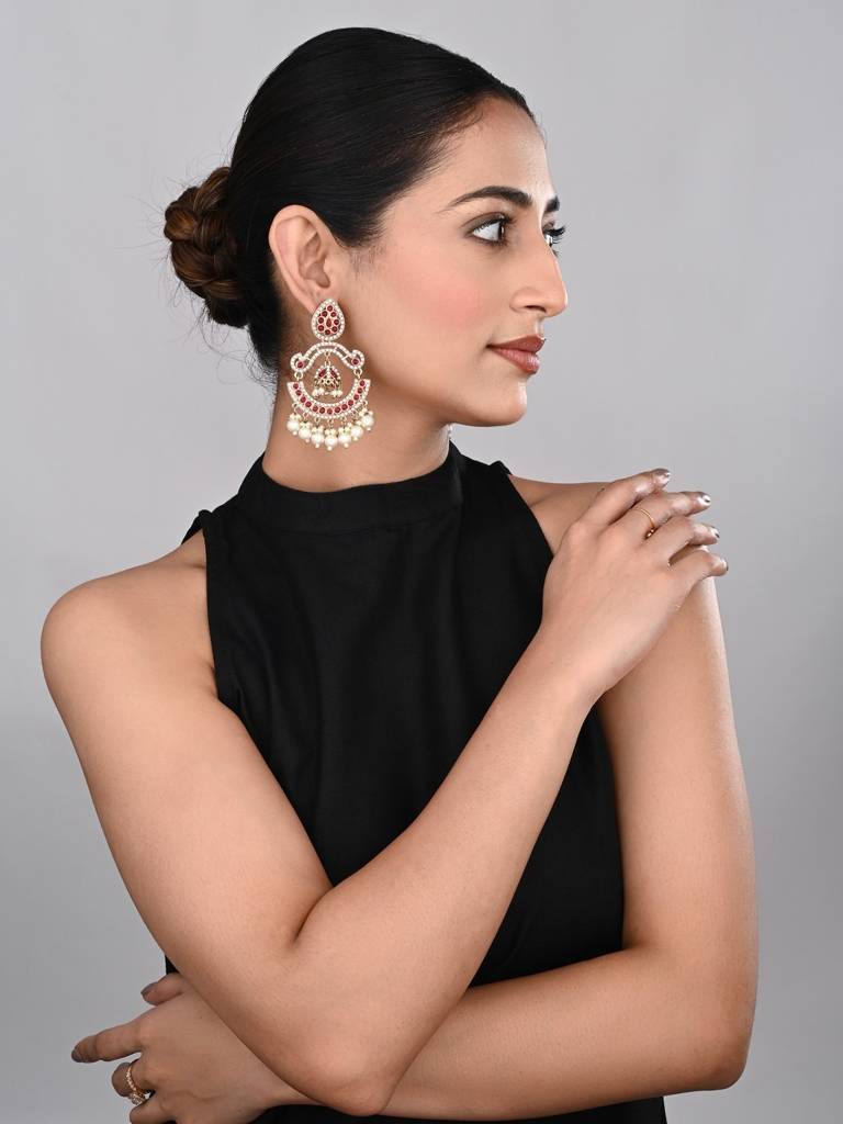 Gold Plated Stone & Beads Chandbali Earring : S24KCER438RED