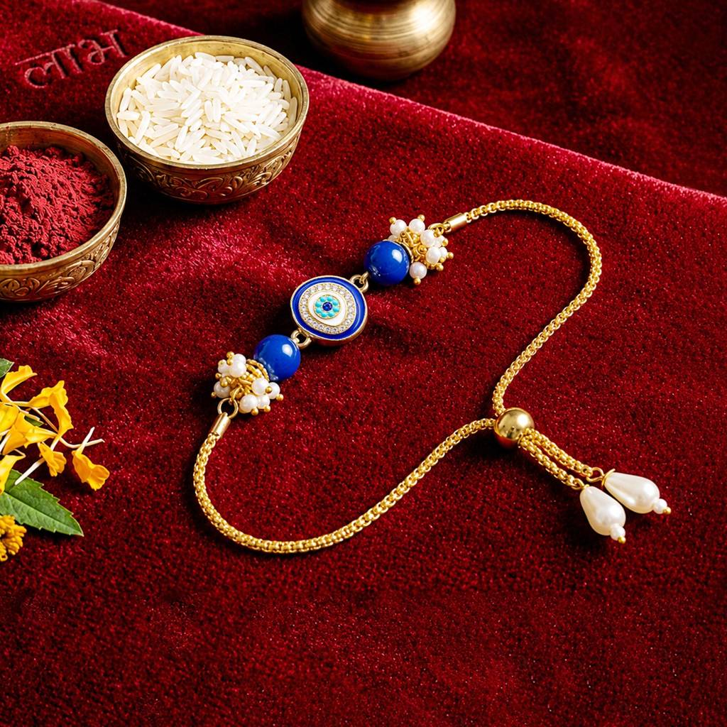 Artklim Blue Evil Eye Bhaiya Bhabhi Rakhi Set With Pearl Tassels : HSPS60MB1952