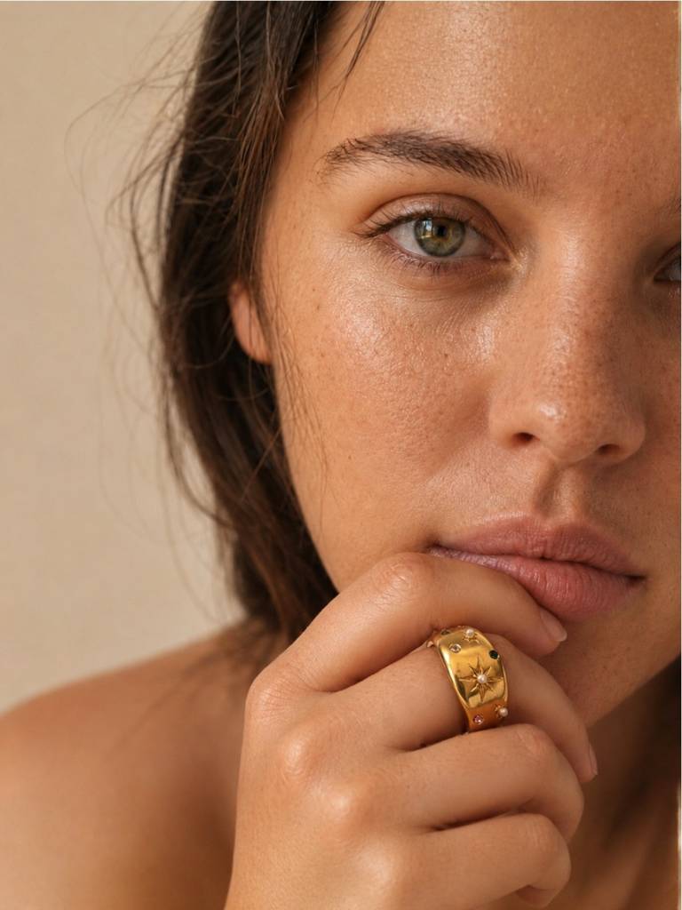 Celestial Multi-Stone Pearl Adjustable Ring In 18K Gold Plating : ATR896MSSR