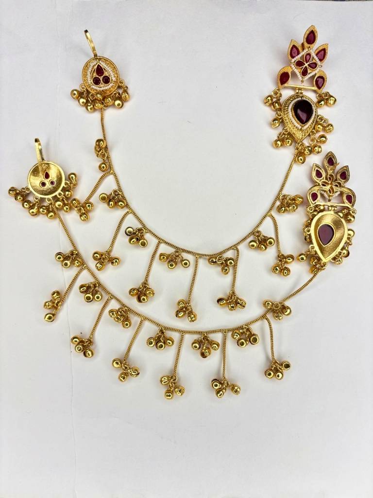 Gold-Plated Premium Kundan Red Stone-Studded Kan Chain Earrings : VI26EROX100369