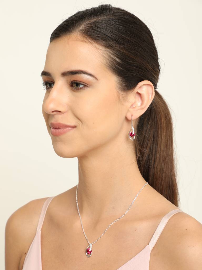 92.5 Sterling Silver Rhodium Plated Swiss Zirconia Blood Red Eye Pendant Earring Chain Jewellery Set Gift For : CSCLRP3E3RD_RU