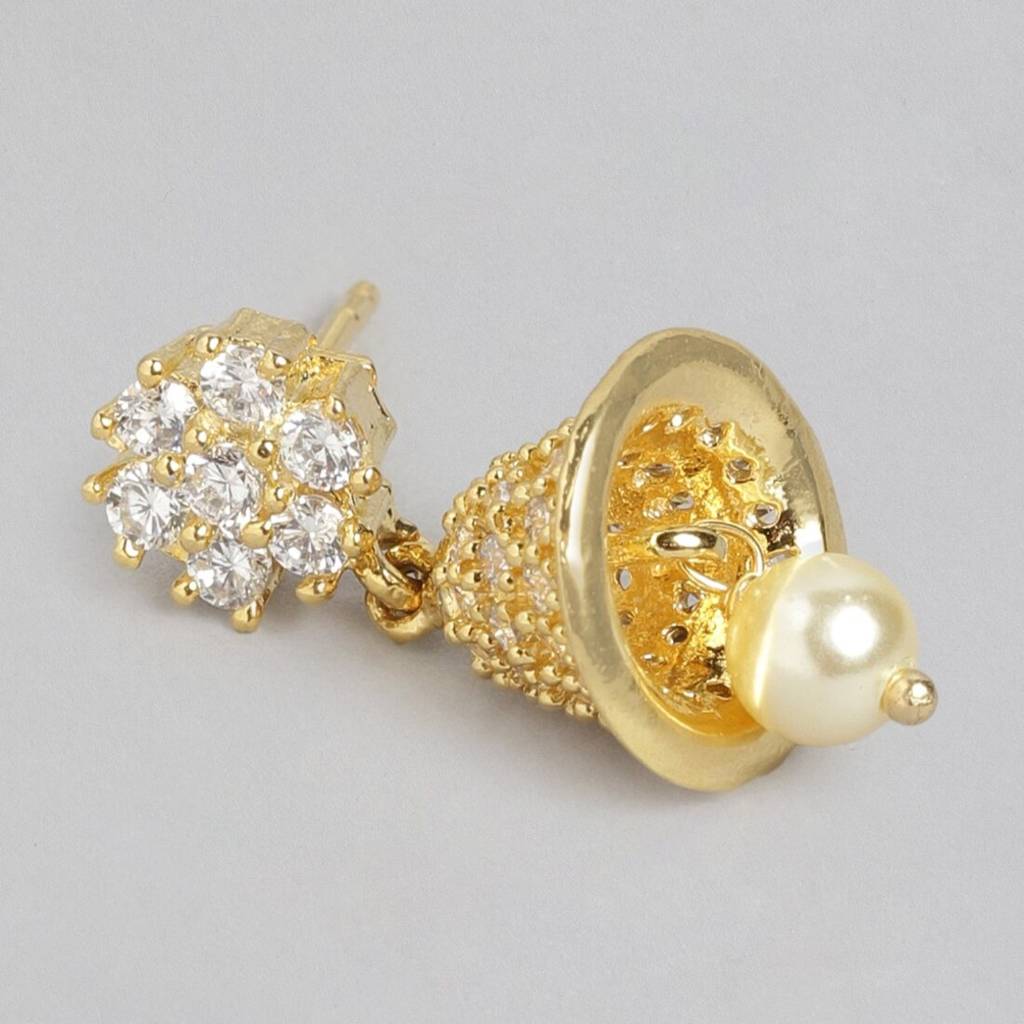 Gilded Opulence Gold Plated Drop Earrings With Cubic Zirconia And Pearls : EAR-20376