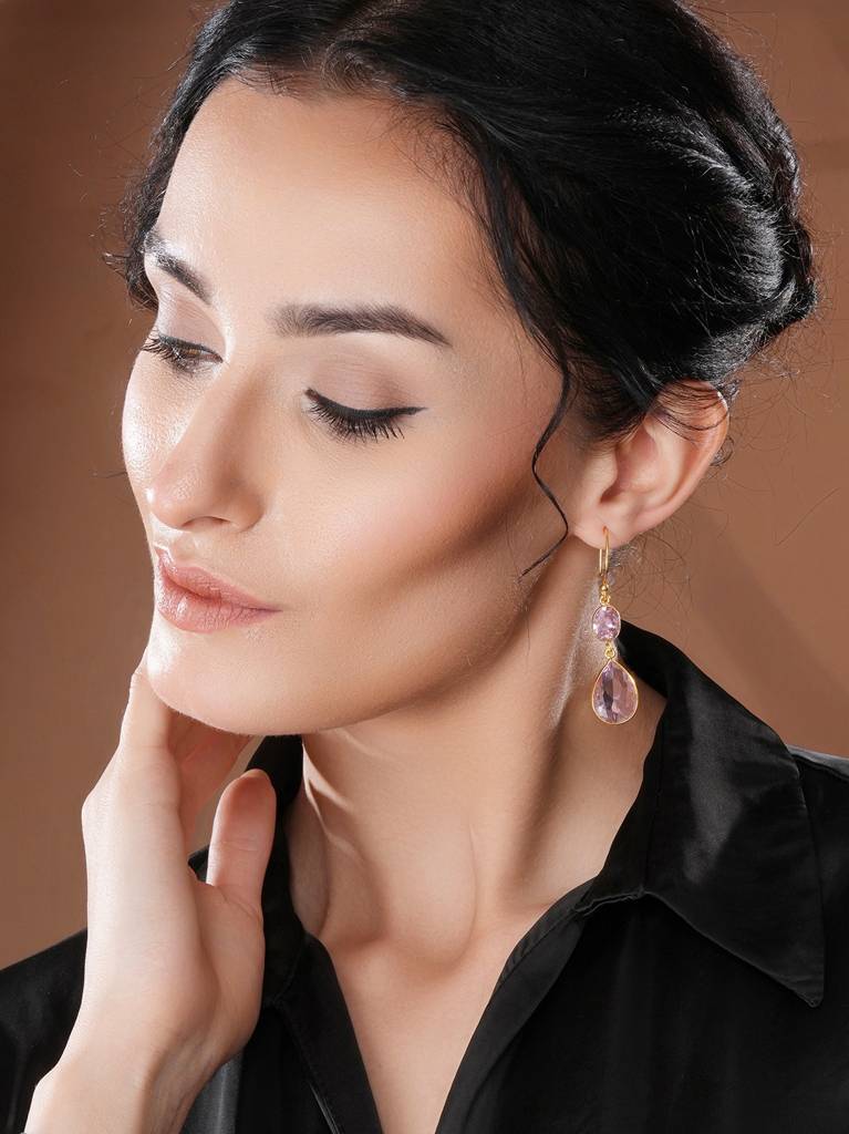 Gold-Plated American Diamond Studded Teardrop Shaped Drop Earrings : STER8198
