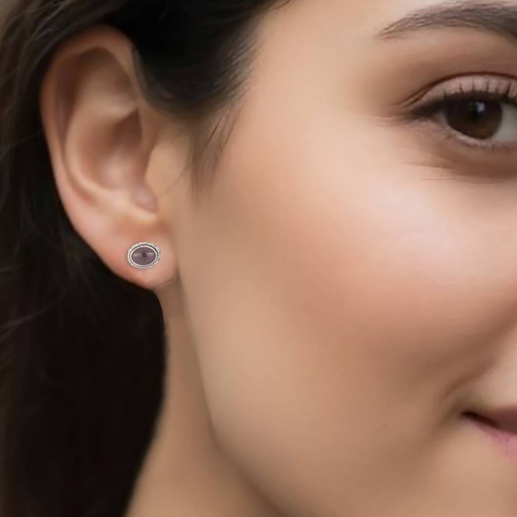 925 Sterling Silver Garnet Eartops For Women | Natural Red Gemstone Stud Earrings | High Polish Silver Jewelry Gift : FU-0709