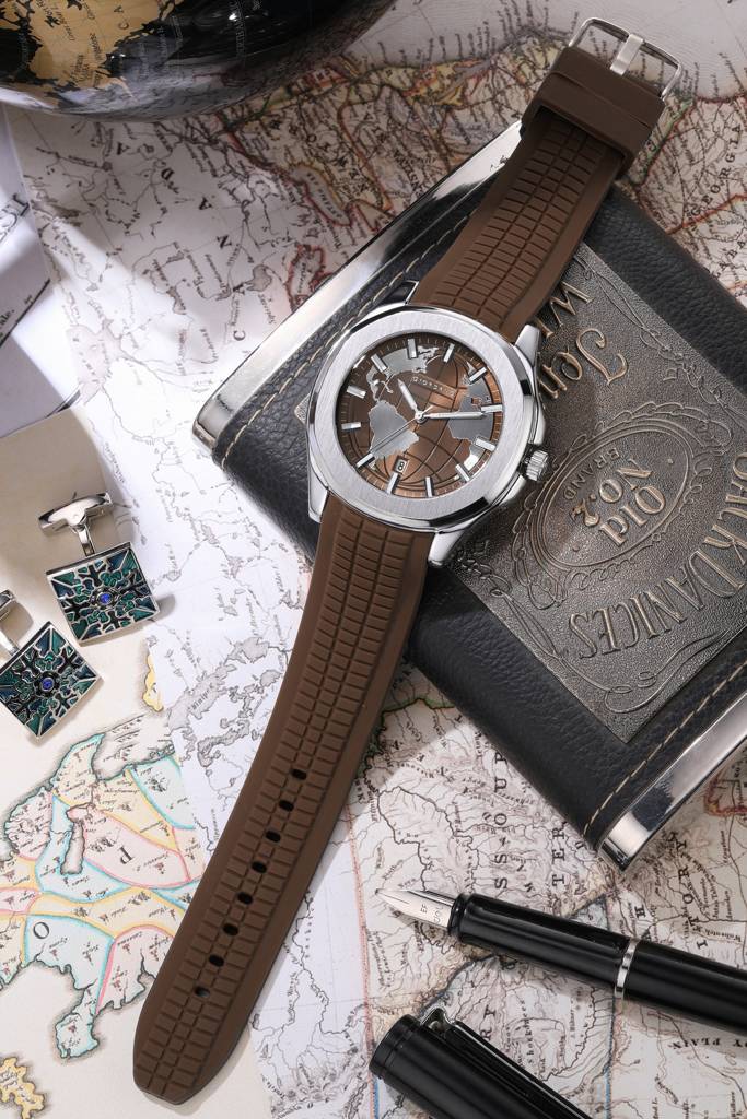 Stylish World Map Design Analog Watch For Men With Silver Case Round Dial, Textured Silicone Strap, Water Resist : GZ-50147-04