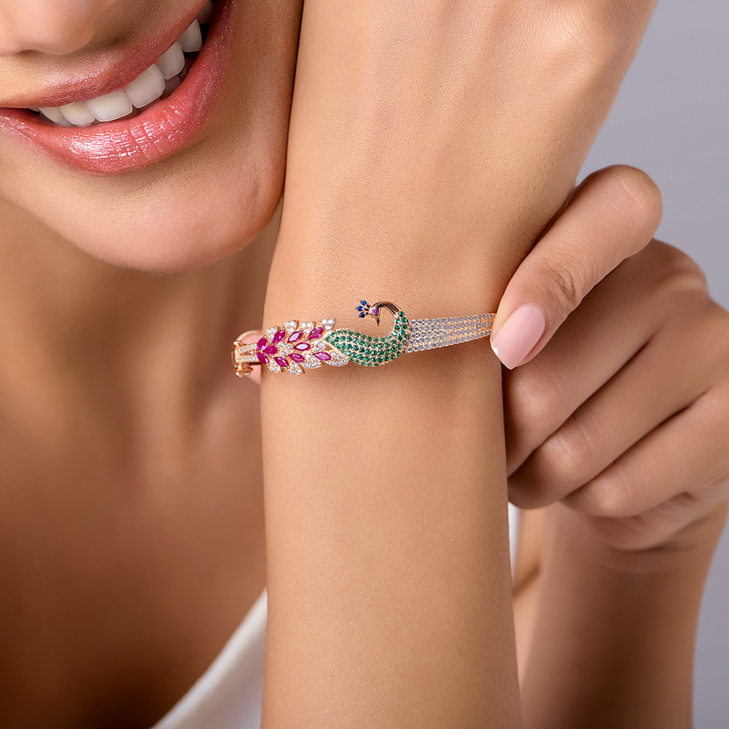 Zavya Eternal Bloom X Peacock Silver Bracelet In Rose Gold : BR-80145-Forever_Love