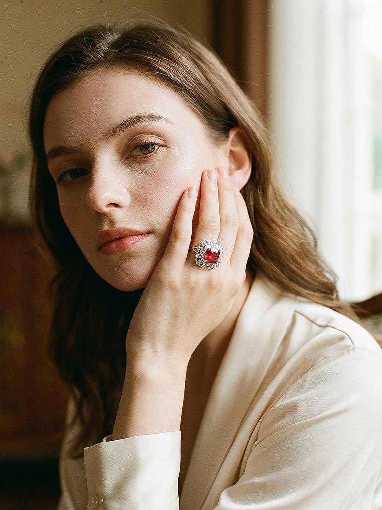 Silver Toned Ruby Red  Zircon Embedded Statement Adjustable Finger Ring : SJRG2885
