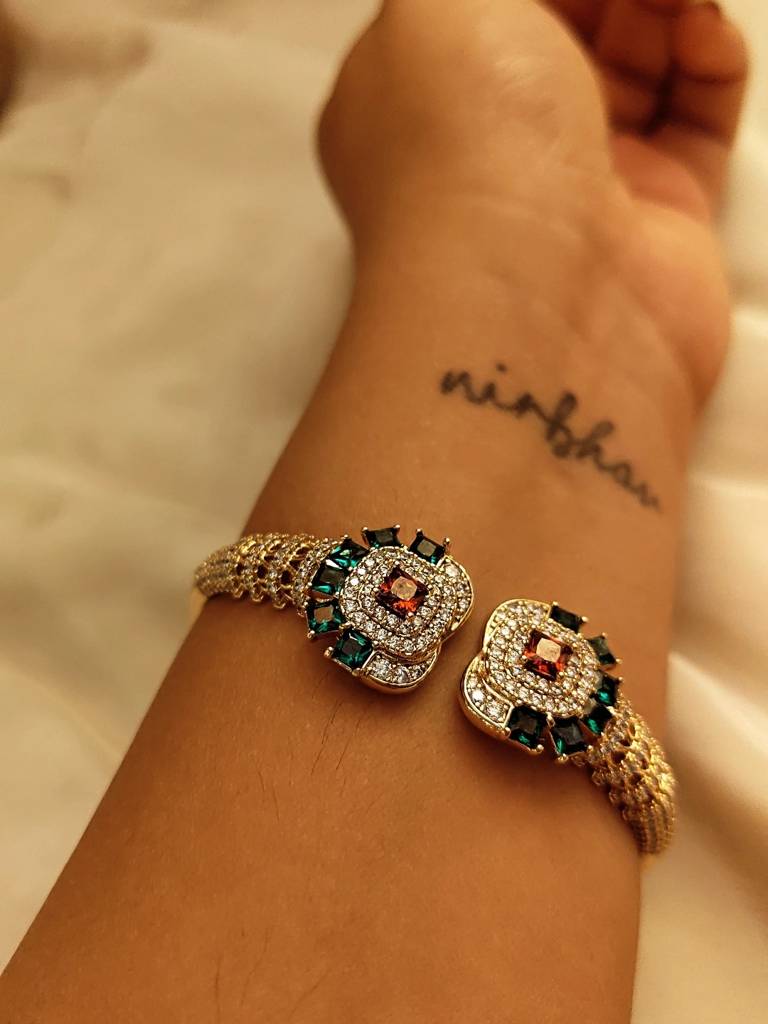 Ethnic Multicolor Stone Studded Cuff Â 18K Gold Plated, 316L Stainless Steel, Ad & Cz Stones : S925B502EMSSC