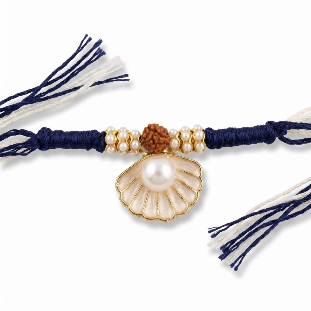 Pearl Seashell Rudraksha Rakhi For Brother | Handmade Designer Rakhi With Seashell Pearl Charm & Rudraksha | Raksh : RAKHI_039