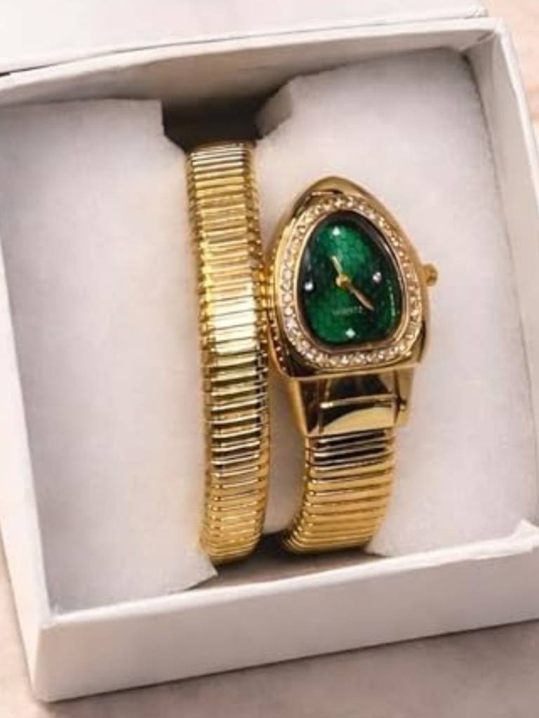 Emerald Dial Spiral Serpenti Gold Watch-Style Bracelet With Cz Stones : WA877EDSS