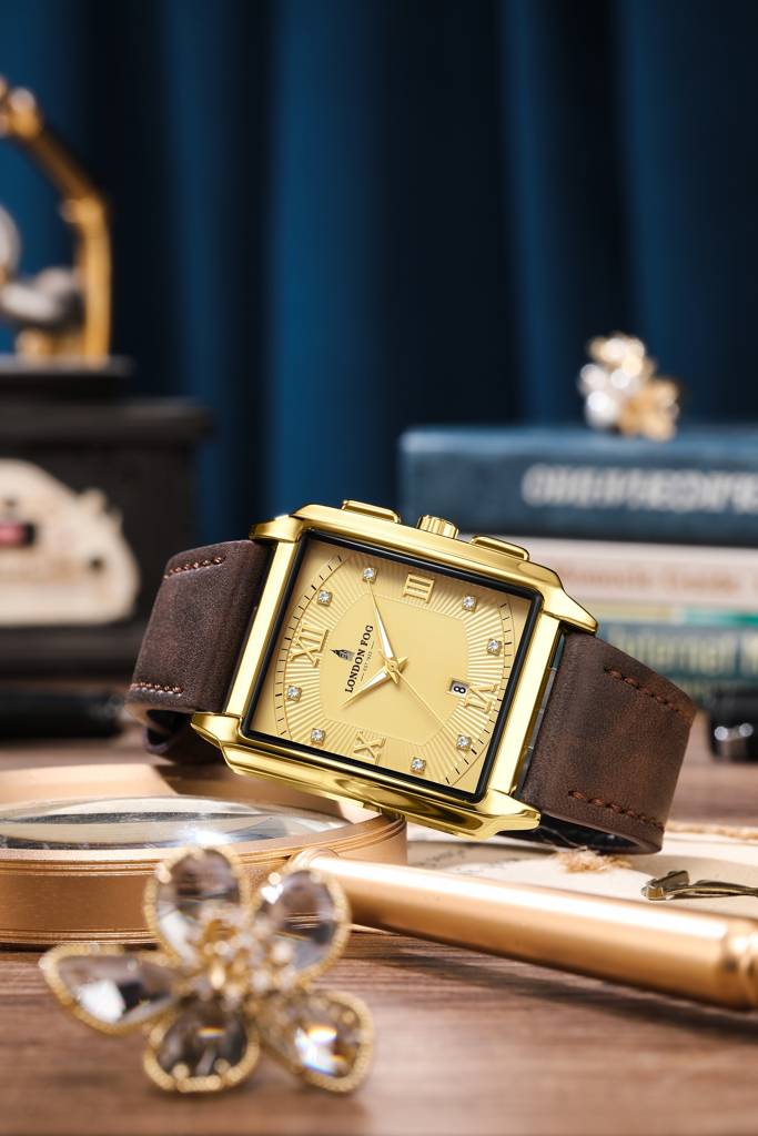 Mayfair Collection Analog Quartz Watch For Men With Leather Strap, Square Metal Case, Crystal Hour Accents, Date : LFM10004-04