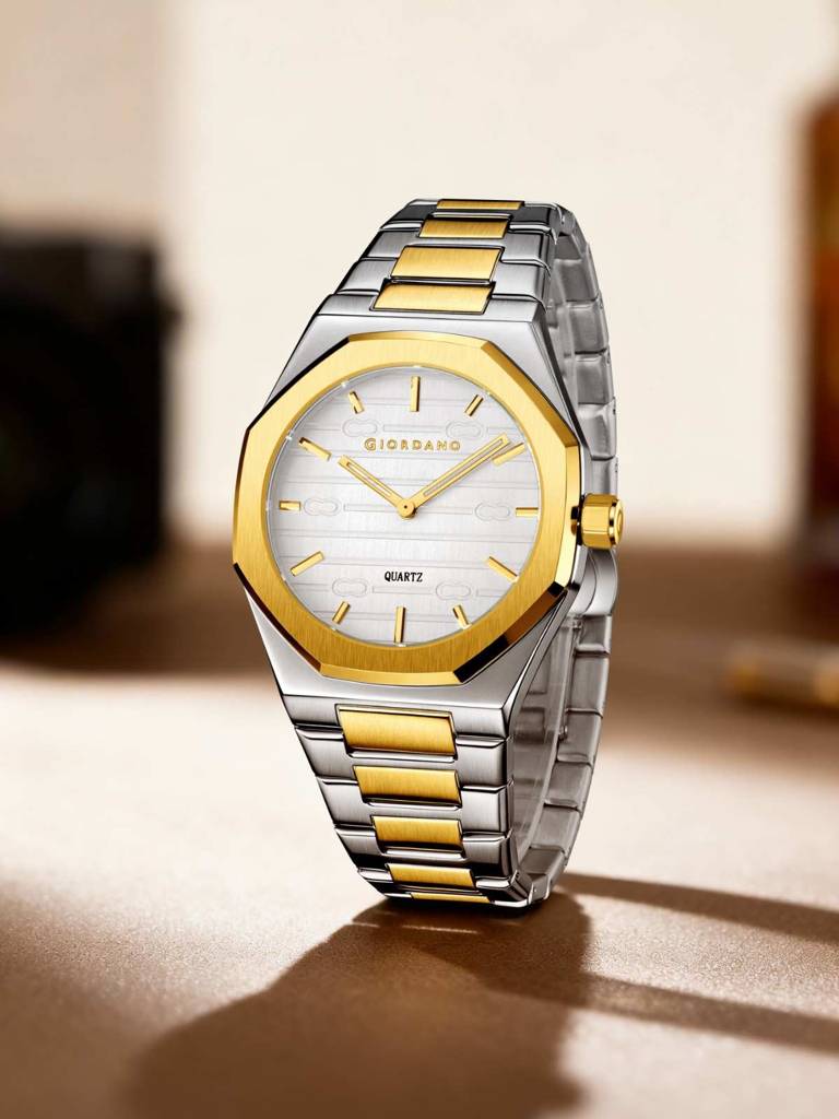 Giordano Elegant Analog Watch For Men With Octagonal Textured Dial, Stainless Steel Strap, Luminous Markers, And : GZ-50178-33