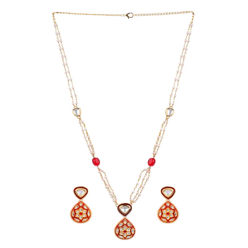 22Kt Gold-Plated Jadau Kundan Pearl Chain Necklace Set : PE25001