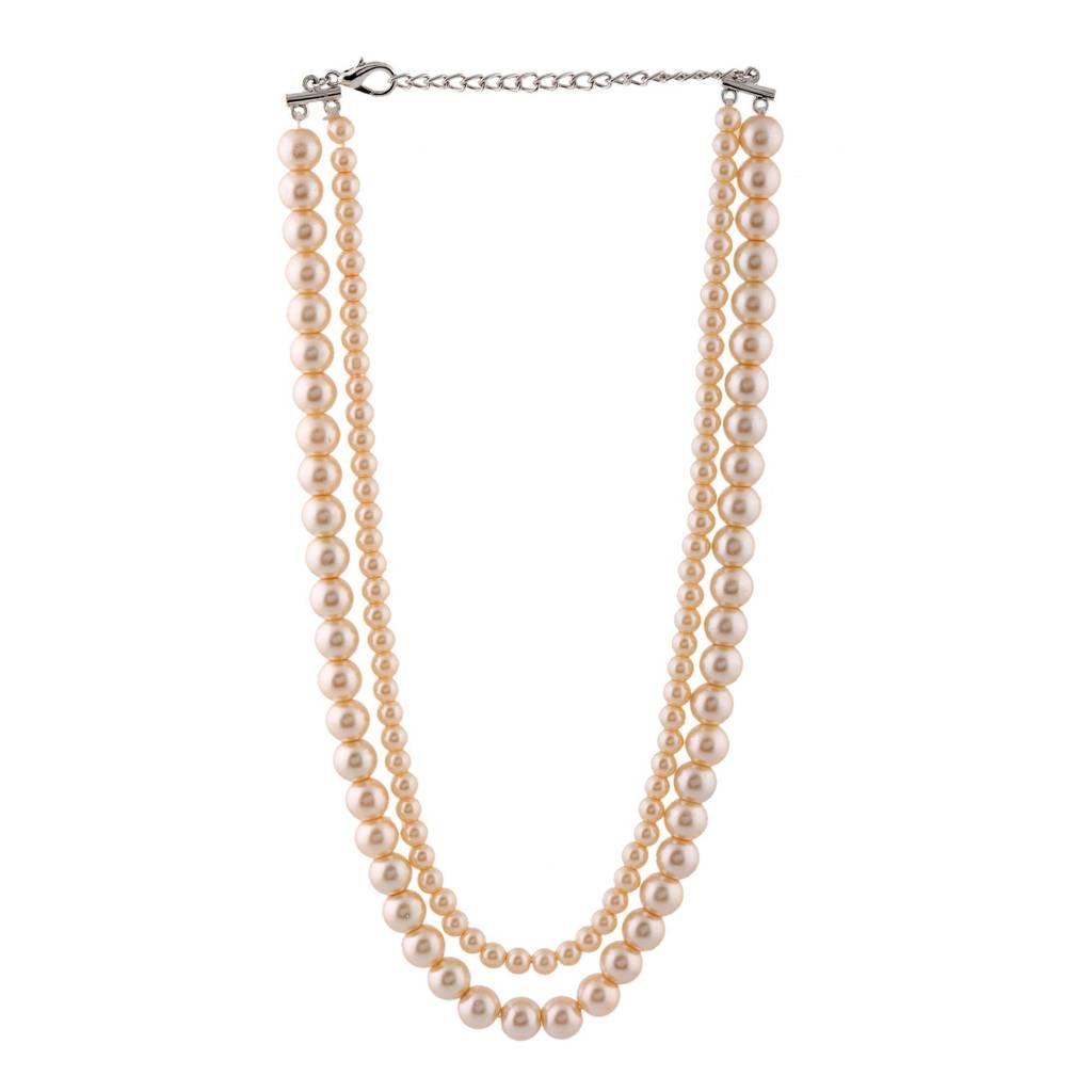 Estele Rhodium Plated Glowing Double Line Pearl Necklace Set For Women