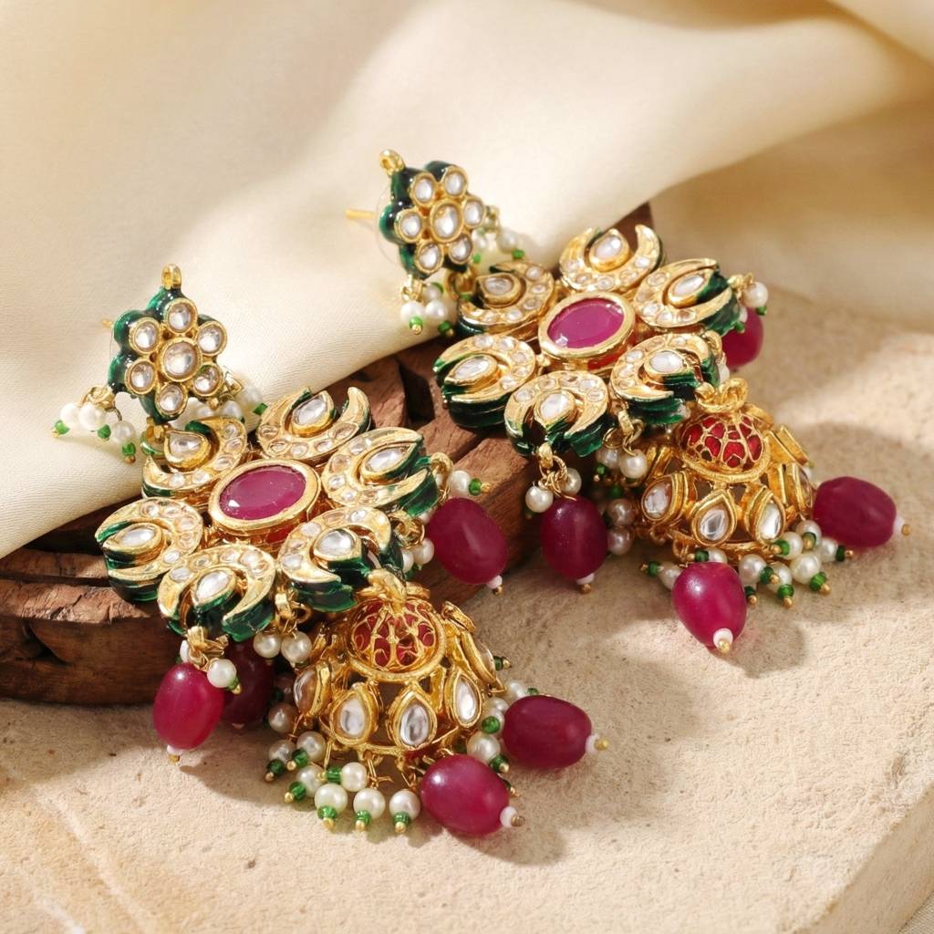 18K Gold Plated Kundan Jhumka With Green Back Meenakari Earrings : 1320-J5EK-2301-R