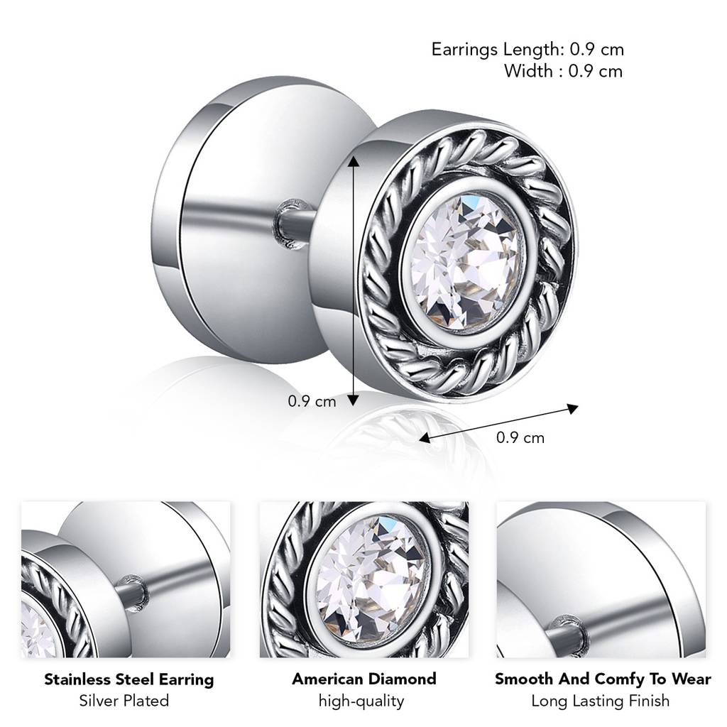 Silver Plated American Diamond Studded Stud Earings Stylish Design Fashion Jewellery For Men & Boys (Px9Me36) : PX9ME36