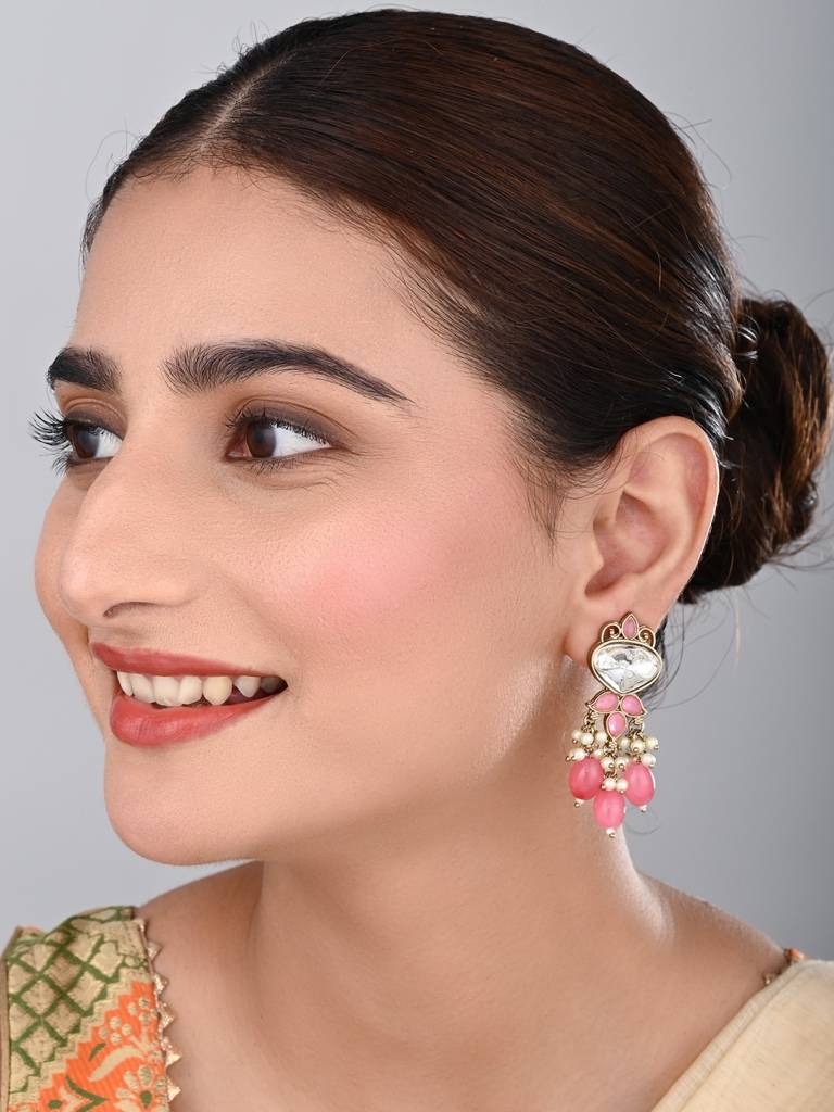 Gold Plated Kundan & Pearl Drop Earrings : S24FAER410PNK