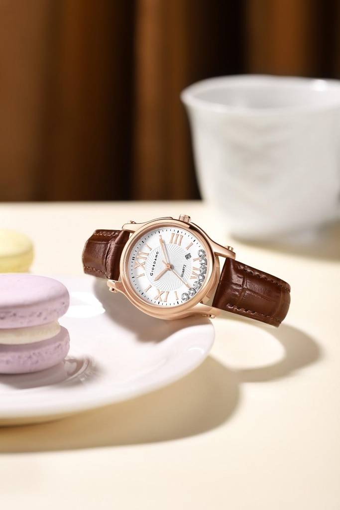 Giordano Luxury Analog Quartz Watch For Women Â Rose Gold Case, Roman Numerals, Crystal-Studded Dial, Leather  : GZ-60142-22
