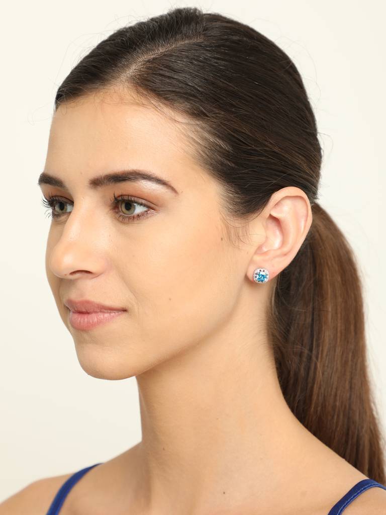 92.5 Sterling Silver Rhodium Plated Swiss Zirconia Sky Blue Cushion Stud Earrings With Screw Back Gift For Wome : CSCLRE2CU_BT