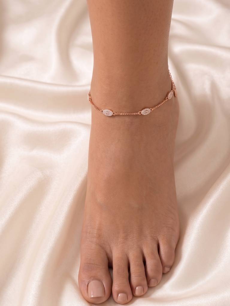 Premium Minimalist Rose Gold Pave Oval Station Anklet On Delicate Box Chain : AK1142