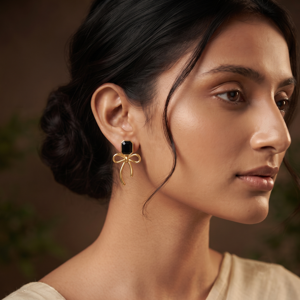 Gold Plated Brass Black Gem Bow Drop Earrings : SCDELER0463