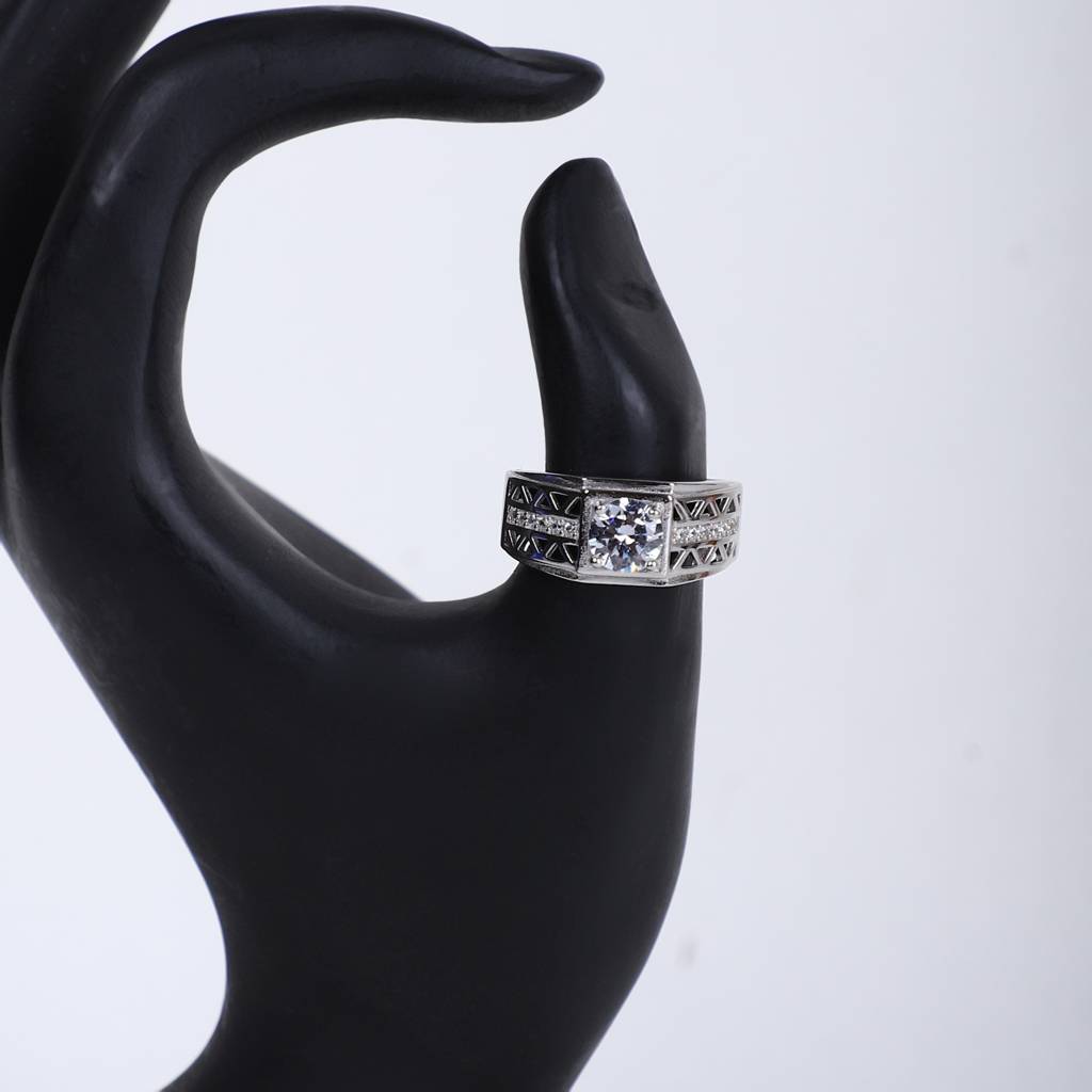 Men'S Luxury Silver Ring With Geometric Detailing & Brilliant Center Stone : RN-SL-10448-1-M