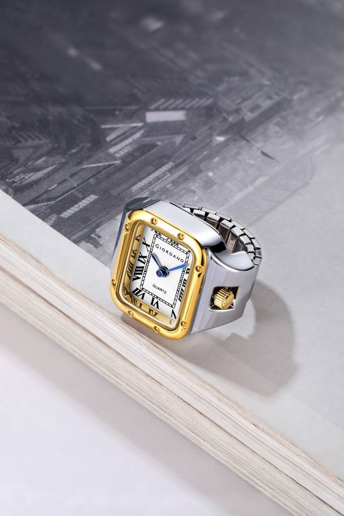 Analog Ring Watch For Women With Rectangular Dial, Roman Numeral Markers, Blue Hands, Quartz Movement And Stainl : GZ-60186-33