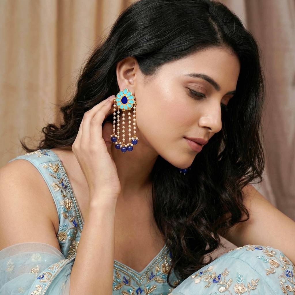 Gold-Plated Enamel Floral Long Earrings With Moti Layers And Blue Beads Earring : 354-KEO-13113-FB