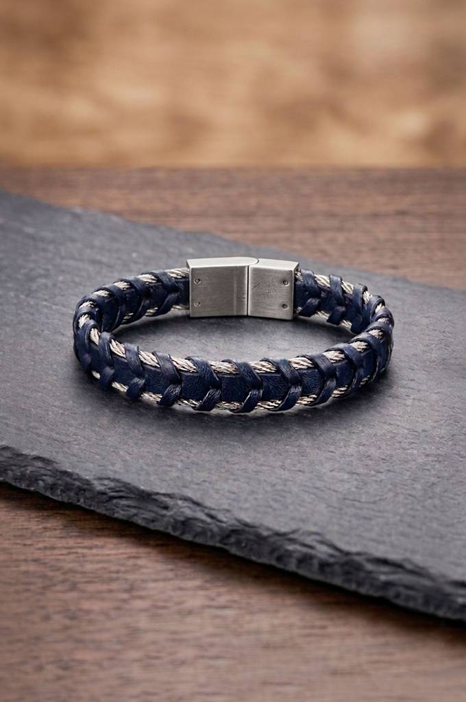 Braided Navy Blue Leather & Steel Cable Stainless Steel Bracelet : MSSLBL3D003