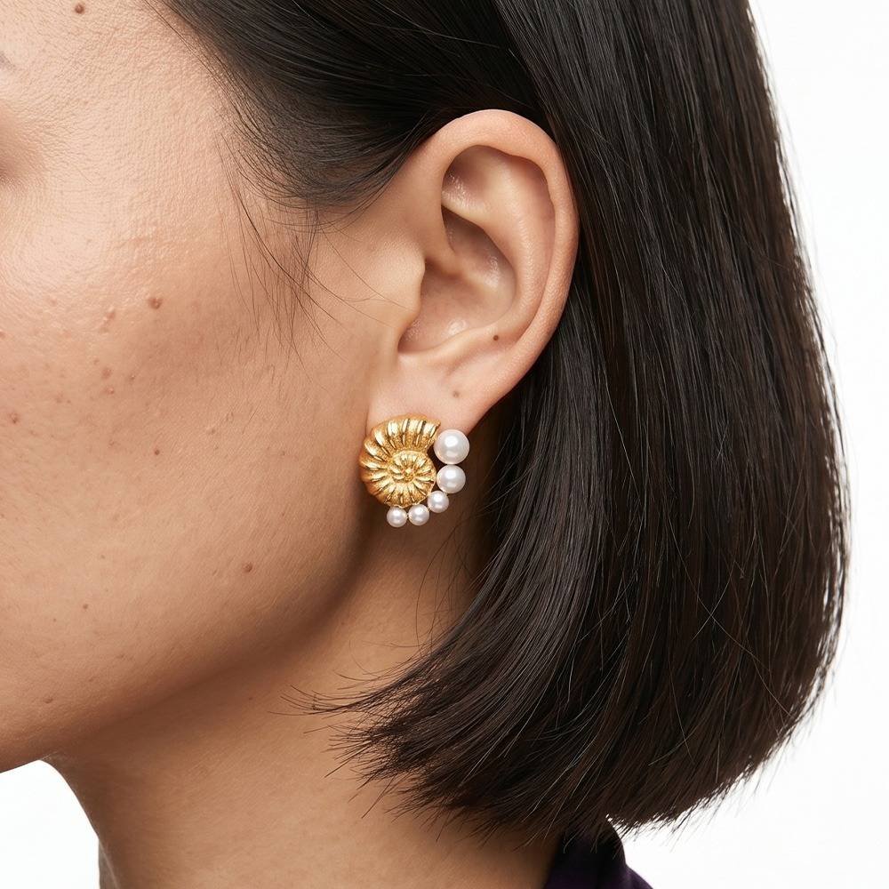 Women 18K Gold-Plated Seashell Spiral Stud Earrings With Artificial Pearls : 101167