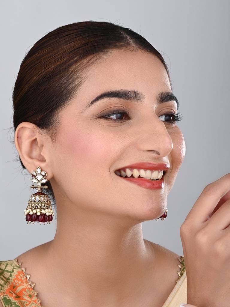 Gold Plated Kundan & Meenakari Jhumka Earrings : S24FAER411RED