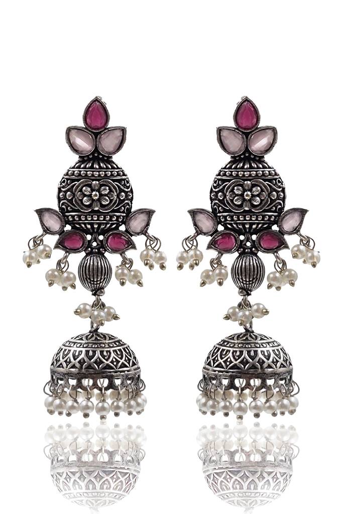 Oxidised Silver Aqua & Ruby Pearl Jhumkas : NA_ST_ER_231_1